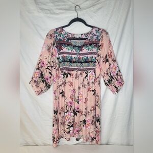 Umgee Pink Floral Patchwork Twirly Girl Babydoll Tunic Mini Dress Size Medium